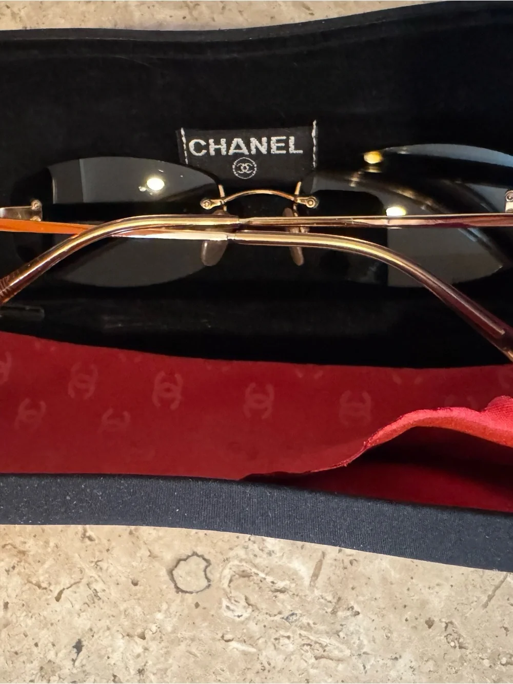 CHANEL Gold-Trim Rimless Sunglasses with Brown Lenses